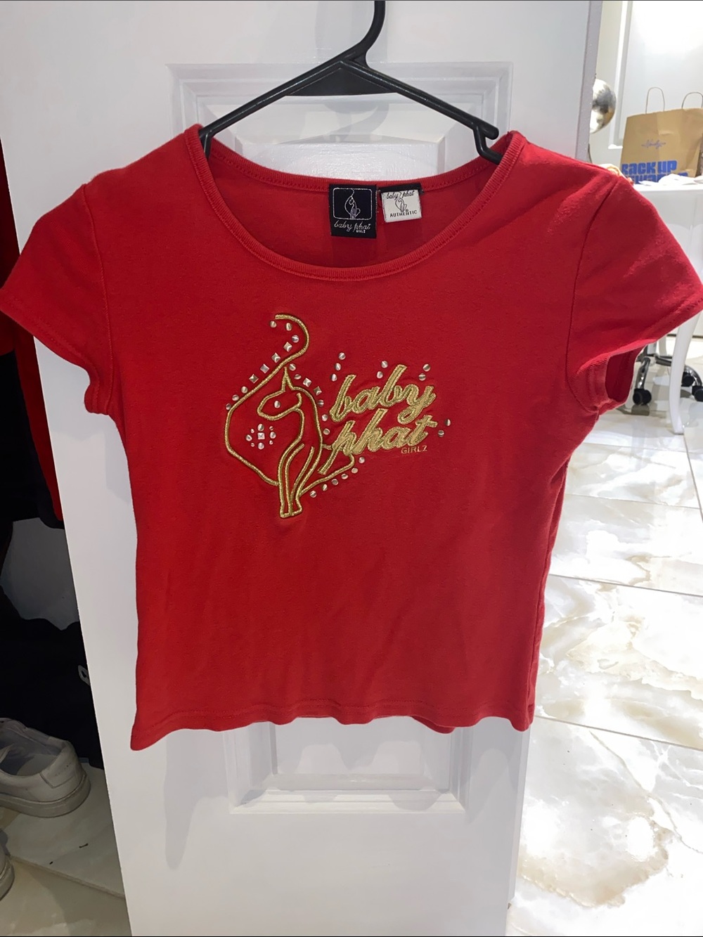 Authentic Baby Phat Red Short Sleeve Baby Tee with Gold Embroidered Logo